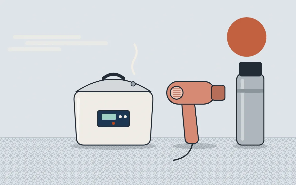 Illustration of a rice cooker, hair dryer and vacuum flask