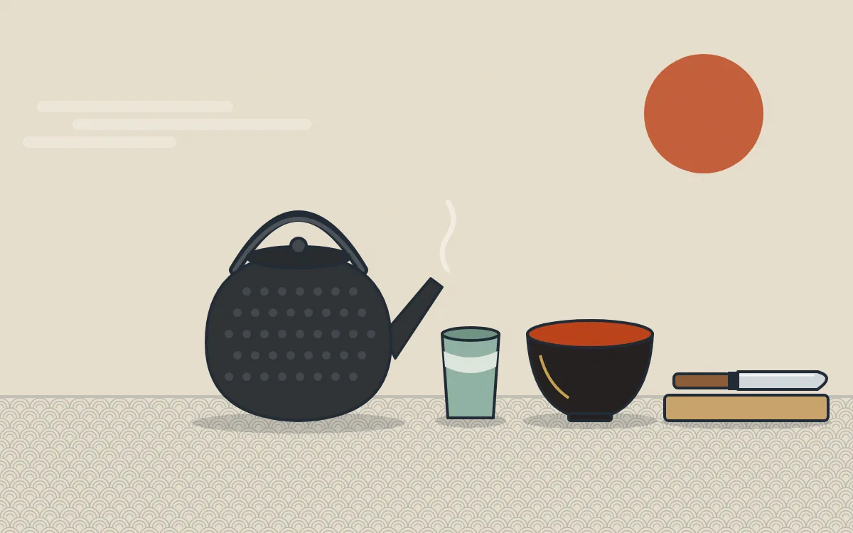 Illustration of a Nanbu iron kettle, teacup, lacquer bowl and Japanese knife