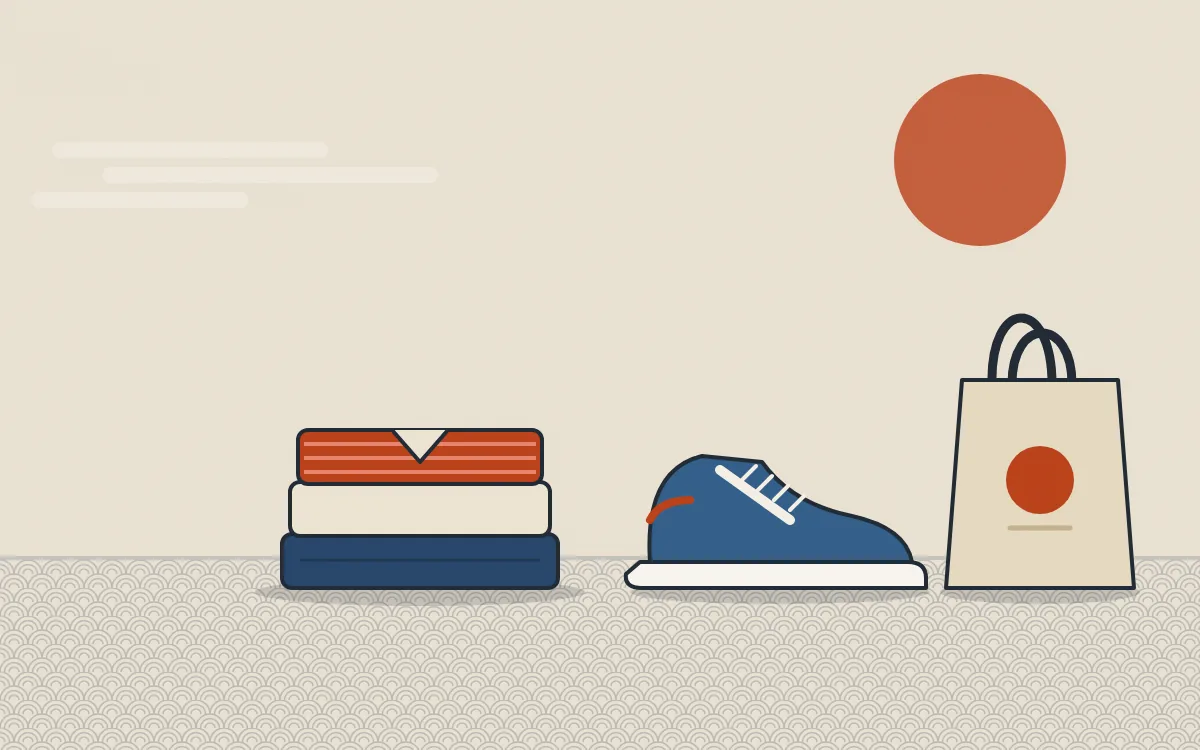 Illustration of clothing, sneakers and a tote bag