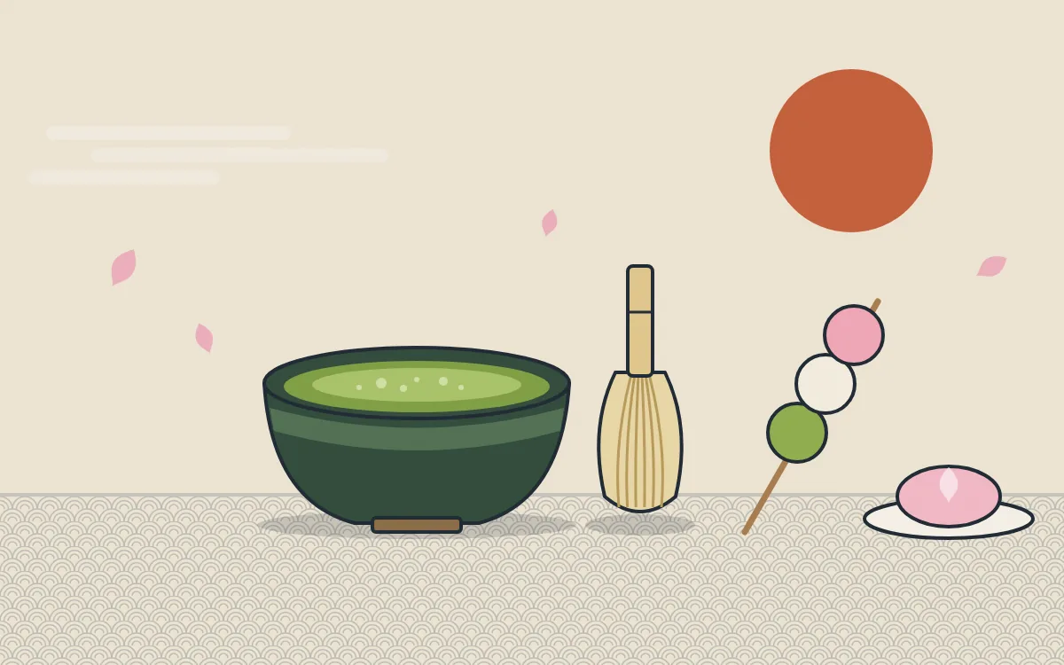 Illustration of matcha, a tea whisk, dango and wagashi